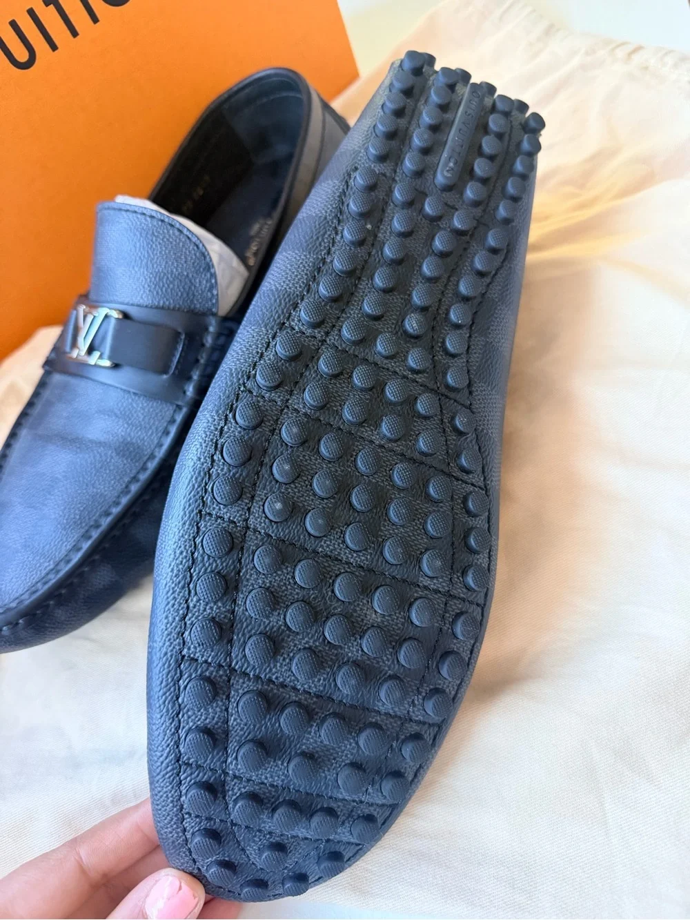 Louis Vuitton Men’s Hockenheim Moccasin Loafer in DAMIER Graphite in excellent